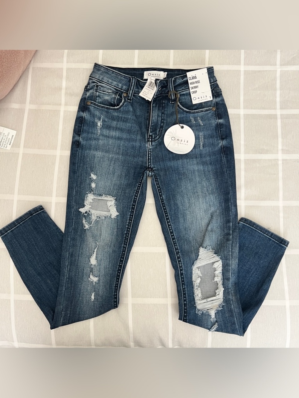 Oasis Distressed High Rise Skinny Crop Jeans in Dark Blue size 1 NWT